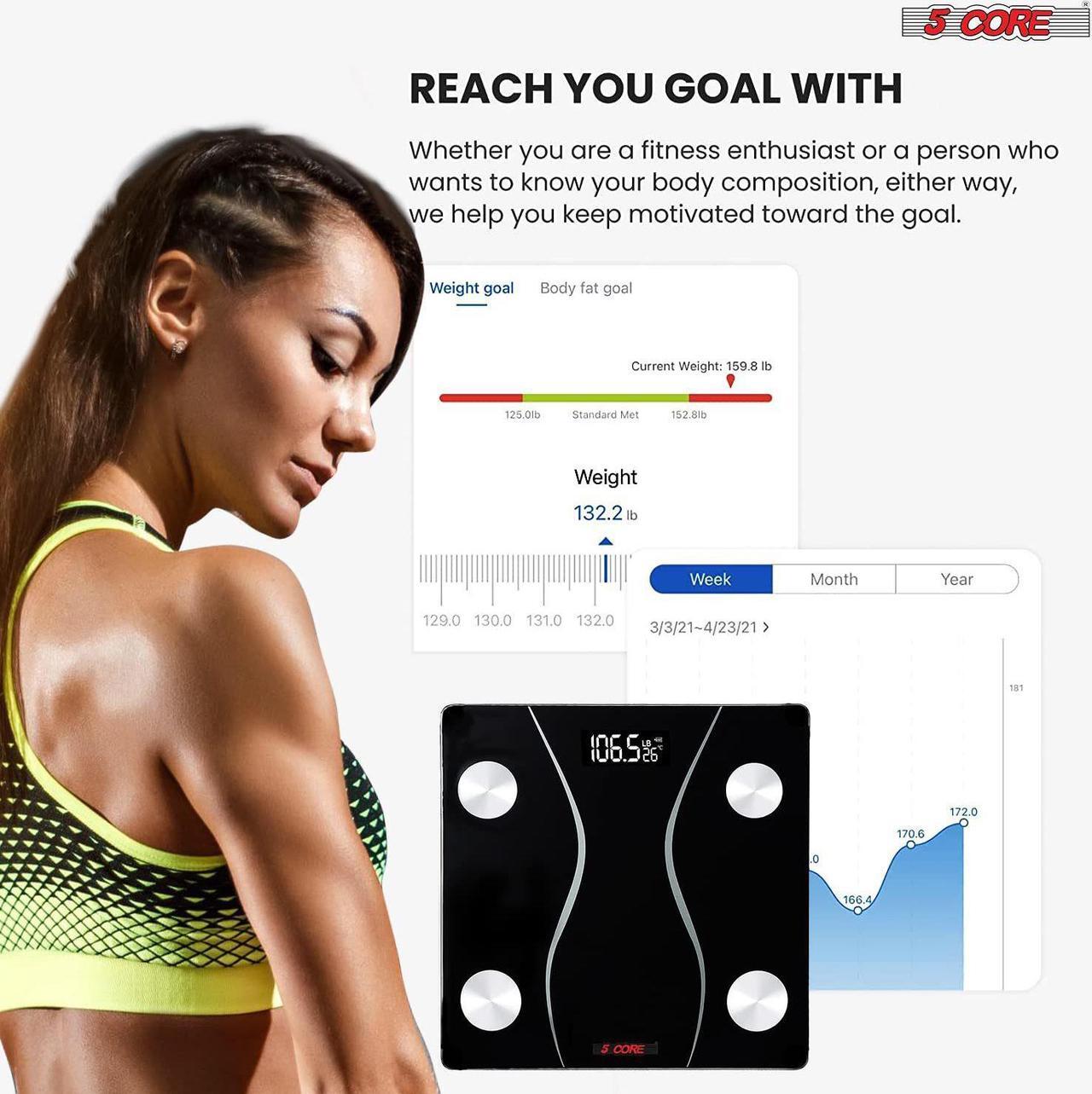 Alt view image 5 of 6 - Rechargeable Digital Scale for Body Weight, Precision Bathroom Weighing Bath Scale, Step-On Technology, High Capacity - 400 lbs. Large Display, Batteries Included 5 Core BS 01 R BLK