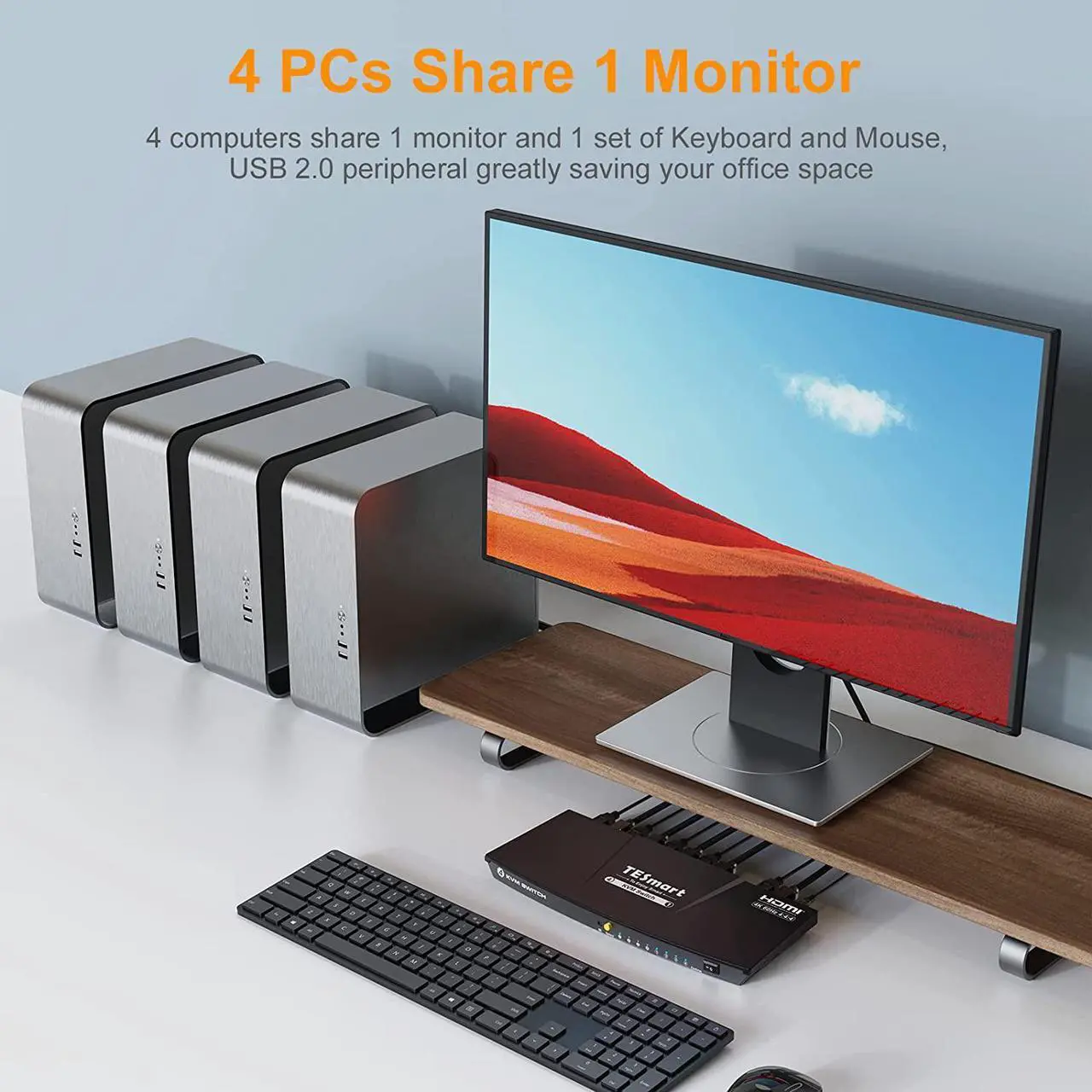 Alt view image 2 of 7 - TESmart 4 Port 4K@60Hz Ultra HD 4x1 HDMI KVM Switcher with 2 Pcs 5ft KVM Cables Supports USB 2.0 Devices, Multimedia Keyboard, Hotkey Control up to 4 PCs Black Non-Mountable