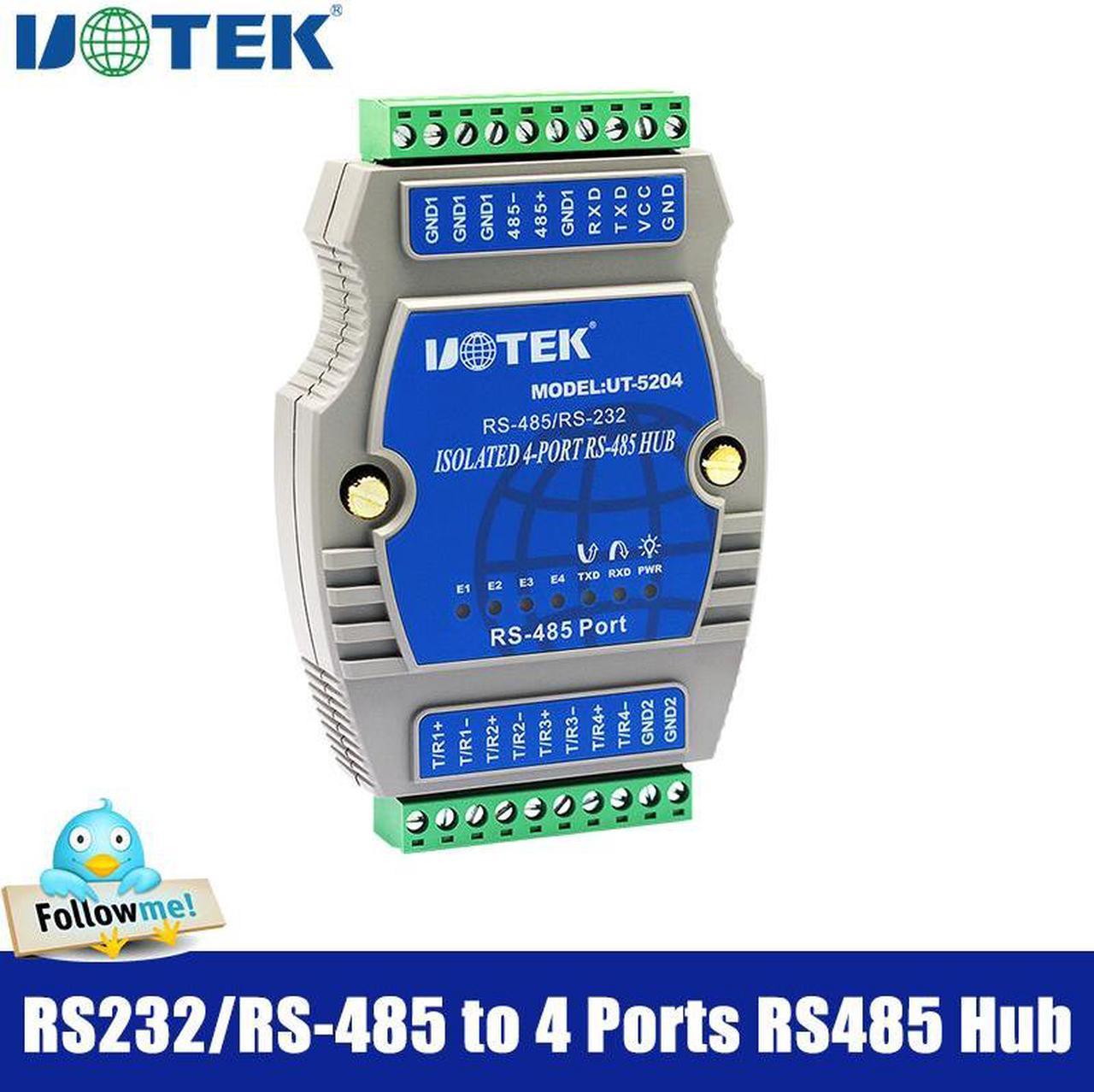 UOTEK RS232 RS485 to RS485 Hub 4 Ports RS-485 Din Rail Hub Industrial Grade RS485 Serial Converter Hub with 600W Lightning Surge Protection UT-5204