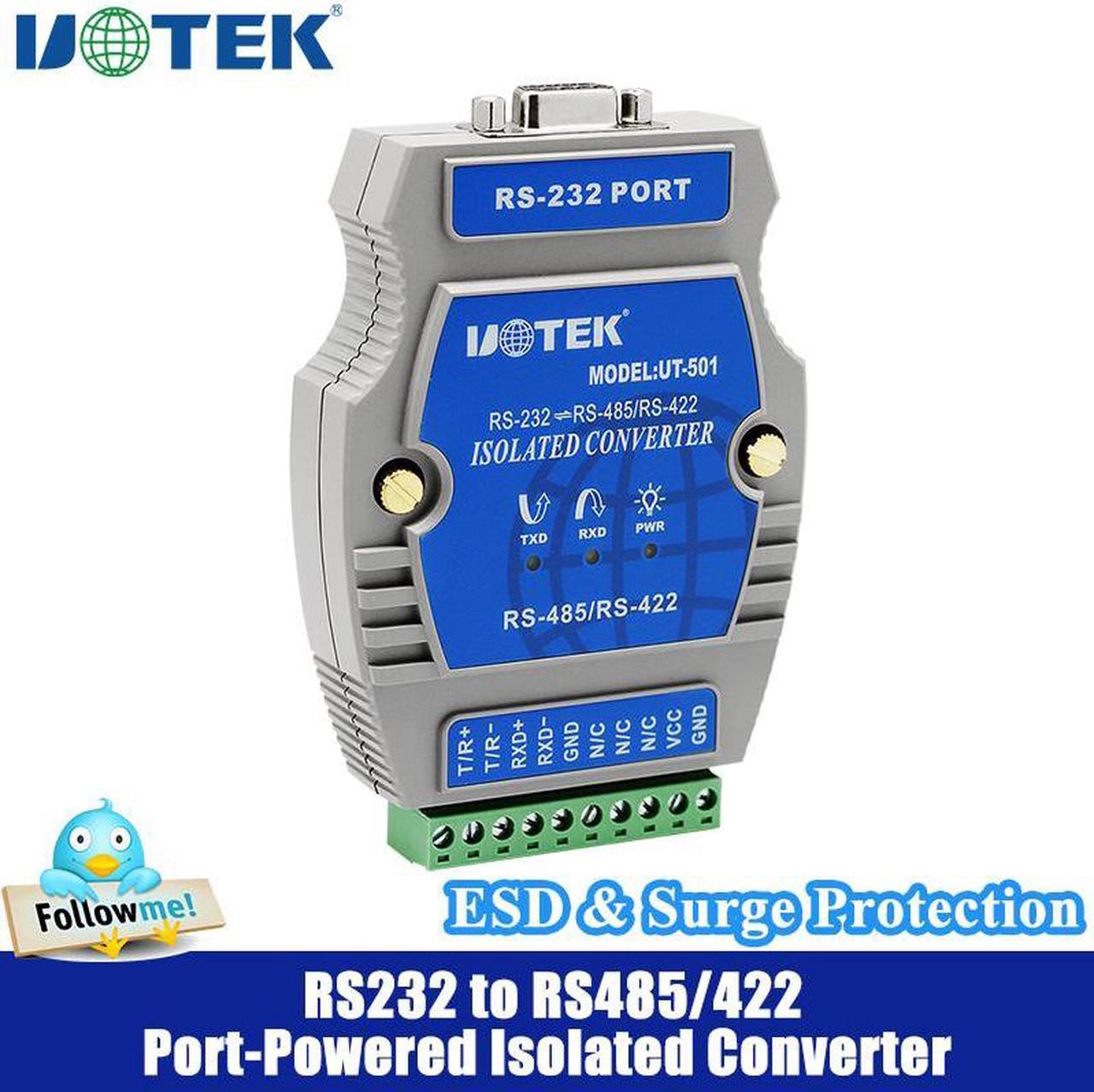 UOTEK RS232 to RS485 RS422 Port-Powered Converter RS-232 to RS-422 Adapter Industrial Grade RS-232 to RS-485 Connector with Isolation Surge ESD Protection UT-501