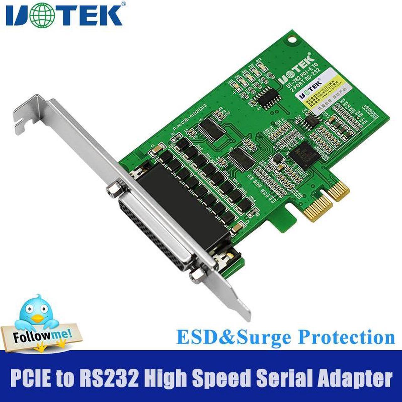 UOTEK Industrial Grade PCI-E to RS-232 Serial Card PCIE to RS232 2 Ports High Speed DR44 Converter DB9 Connector UT-782 Adapter with ESD protection