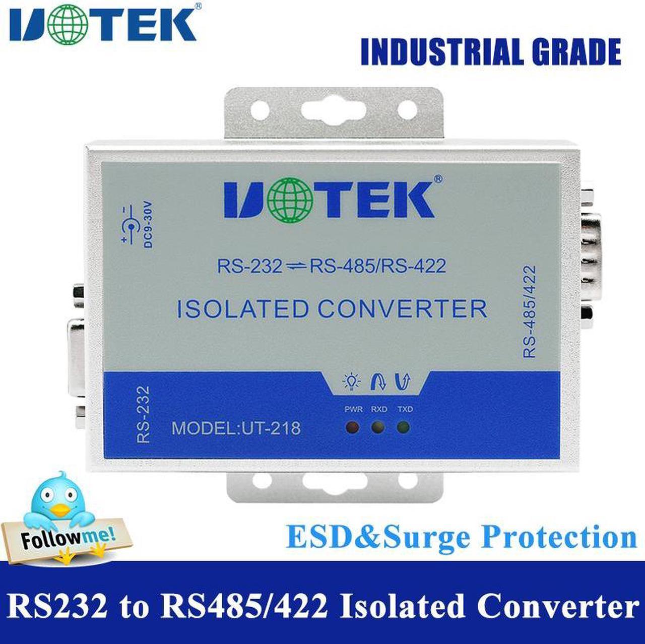 UOTEK Industrial RS232 to RS485 RS422 Converter with Isolation Surge ±15KV ESD Protection DB9 Connector Supports All Operating System UT-218