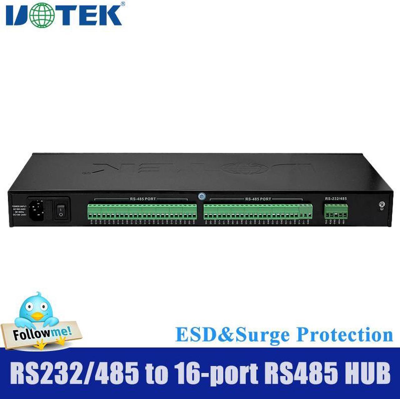 UOTEK RS232 RS485 to 16 Ports RS485 Hub with Optoelectronic Isolation ESD Surge Protection Industrial Grade Internal Quad-core Non-halt Design 2500VRMS 500VDC DC/DC Isolation Module UT-1216