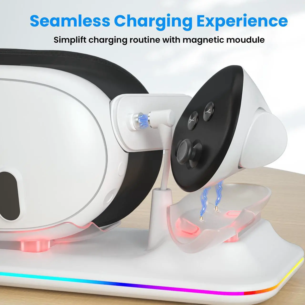 Alt view image 4 of 7 - ZVTE Compact Charging Dock for Meta Quest 3, Wireless Charging Station for Quest 3, VR accessory Colorful RGB Light with 2pcs 1800mAh rechargeable batteries