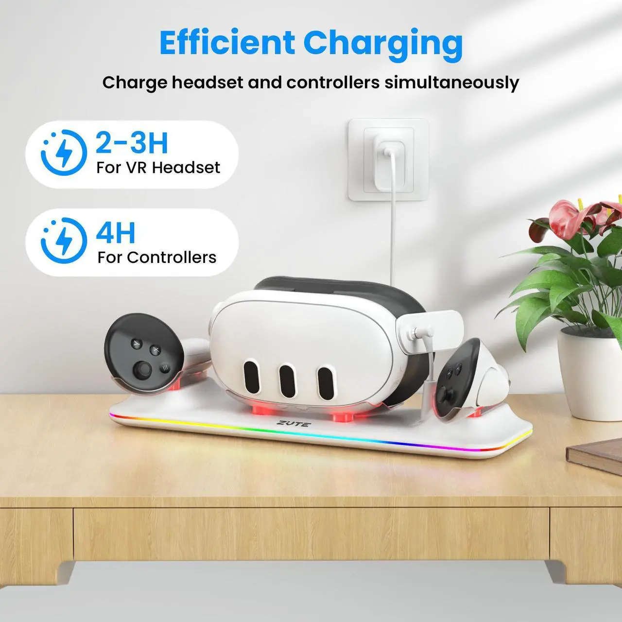Alt view image 3 of 7 - ZVTE Compact Charging Dock for Meta Quest 3, Wireless Charging Station for Quest 3, VR accessory Colorful RGB Light with 2pcs 1800mAh rechargeable batteries