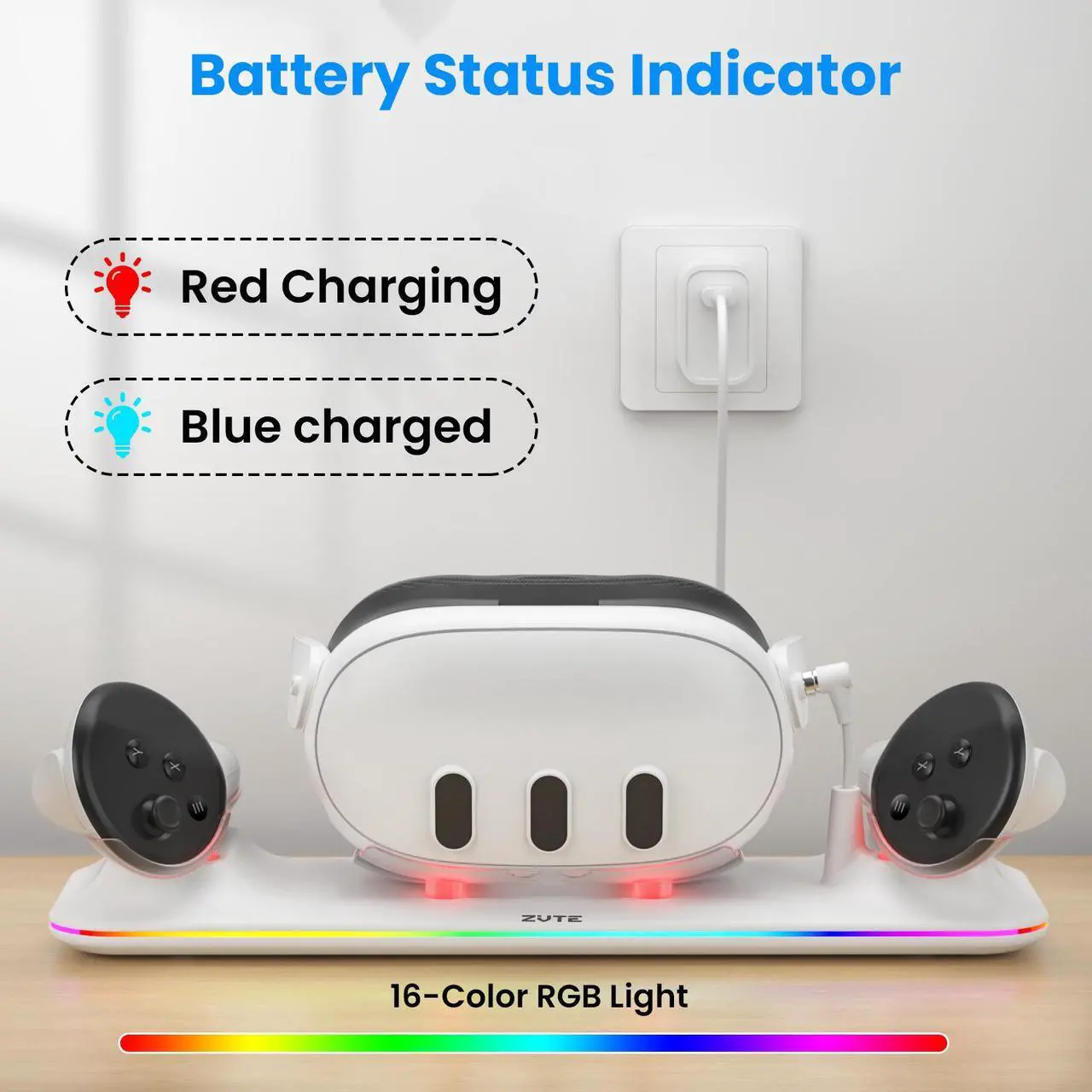 Alt view image 6 of 7 - ZVTE Compact Charging Dock for Meta Quest 3, Wireless Charging Station for Quest 3, VR accessory Colorful RGB Light with 2pcs 1800mAh rechargeable batteries