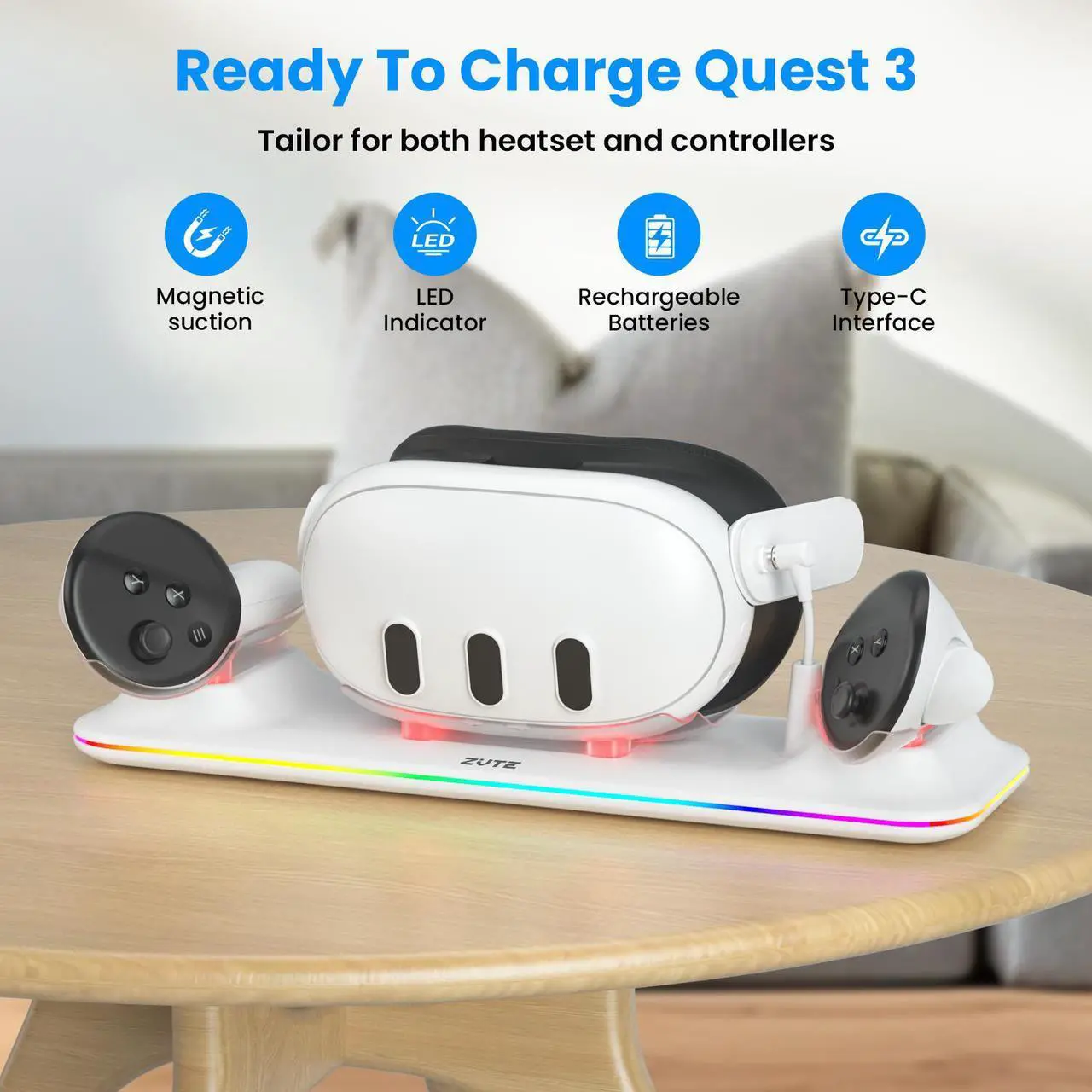 Alt view image 2 of 7 - ZVTE Compact Charging Dock for Meta Quest 3, Wireless Charging Station for Quest 3, VR accessory Colorful RGB Light with 2pcs 1800mAh rechargeable batteries