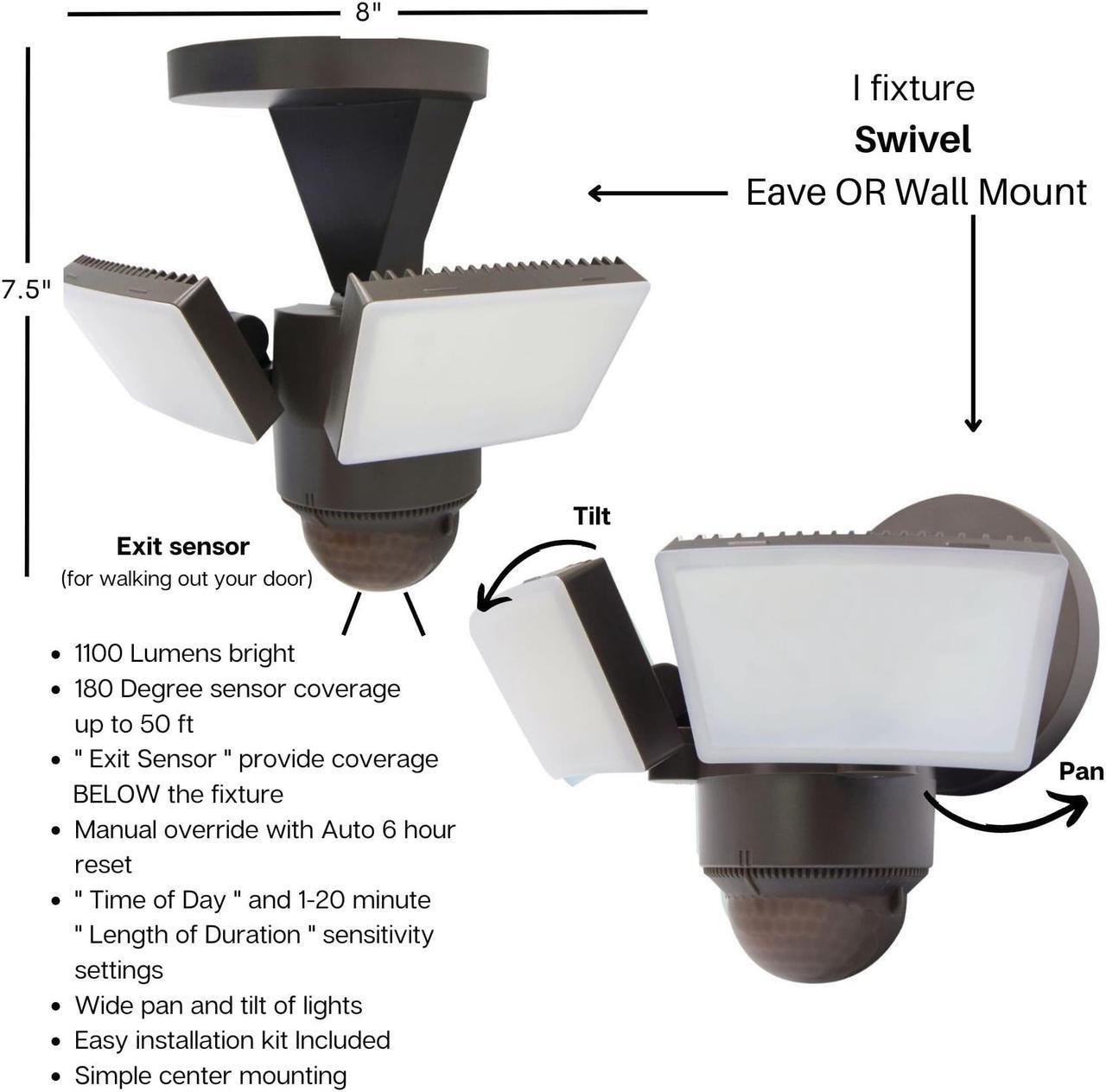 Alt view image 5 of 5 - IQ America LM1811 Motion Security Flood Light Eave/Soffit or Wall Universal Mount 1100 Lumen LED Outdoor Weatherproof Motion Sensor, 180° 50' Detection, Yard Barn Shed Workshop Garage Light WH Bronze