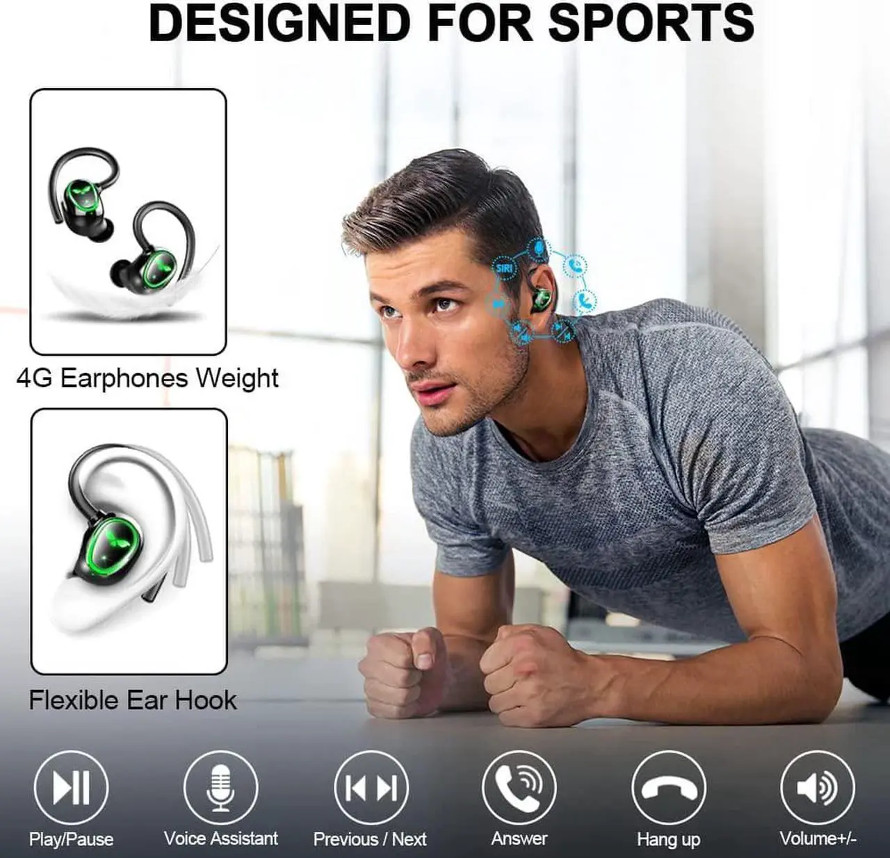 Alt view image 4 of 7 - Wireless Earbud Bluetooth 5.3 Headphones Sport Earphones in Ear 48H Playback Stereo Noise Cancelling Earbud with Dual Mic LED Display, Over-Ear Earhooks Ear Buds IP7 Waterproof Headset for Running Gym