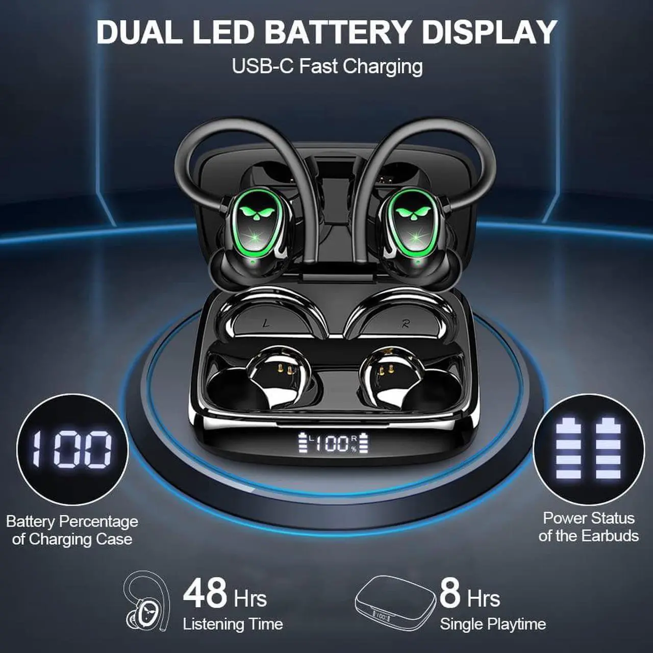 Alt view image 5 of 7 - Wireless Earbud Bluetooth 5.3 Headphones Sport Earphones in Ear 48H Playback Stereo Noise Cancelling Earbud with Dual Mic LED Display, Over-Ear Earhooks Ear Buds IP7 Waterproof Headset for Running Gym