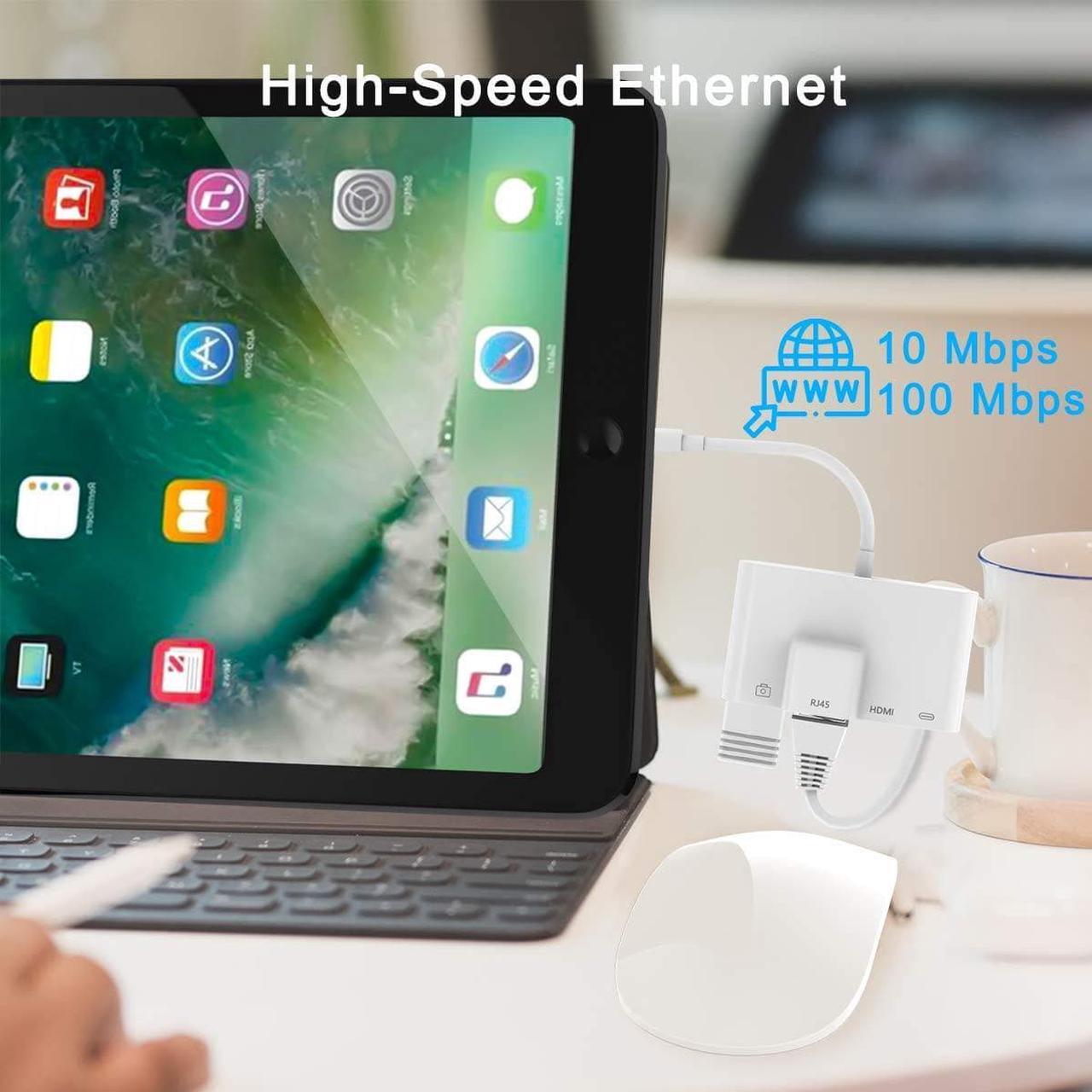 Alt view image 6 of 7 - RJ45 Ethernet Adapter 4 in 1 Lightning to HDMI Adapter 1080P HD Network LAN Wired Adapter USB Data Sync Charging Card Reader Compatible with iPhone/iPad/TV/Monitor/Projector/Keyboard/Mouse