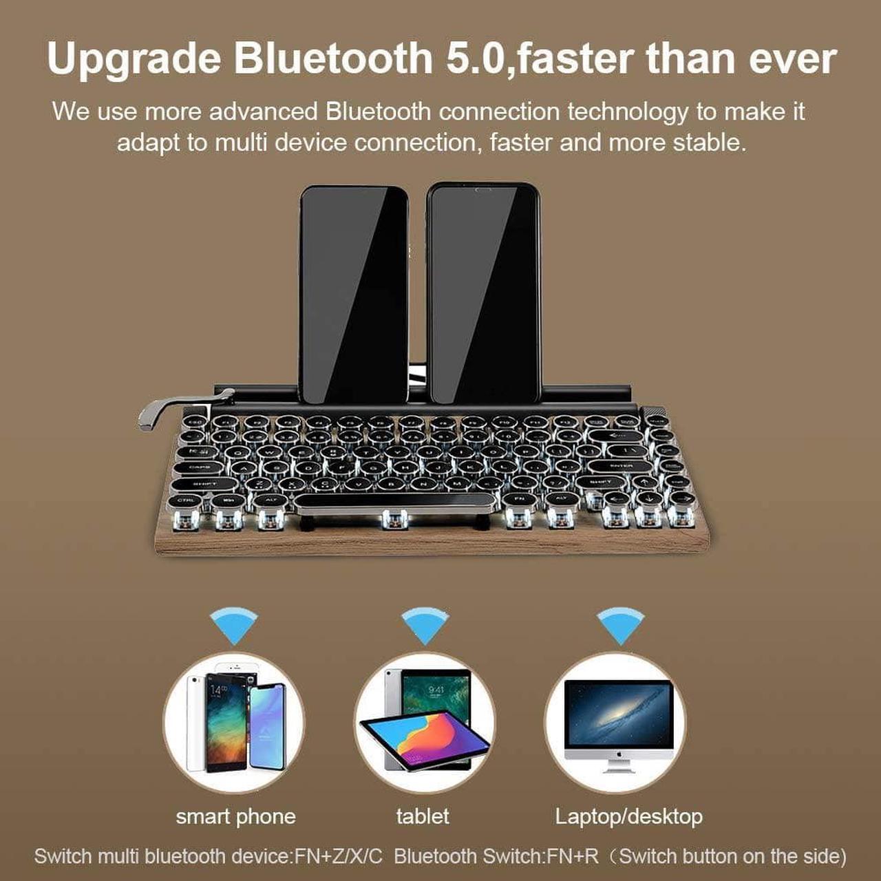 Alt view image 2 of 6 - Retro Typewriter Keyboard, Electric Typewriter Vintage with Upgraded Mechanical Bluetooth 5.0,Multi Devices Connection Classical Wooden,Punk Round Keys for Desktop PC/Laptop Mac/Phone