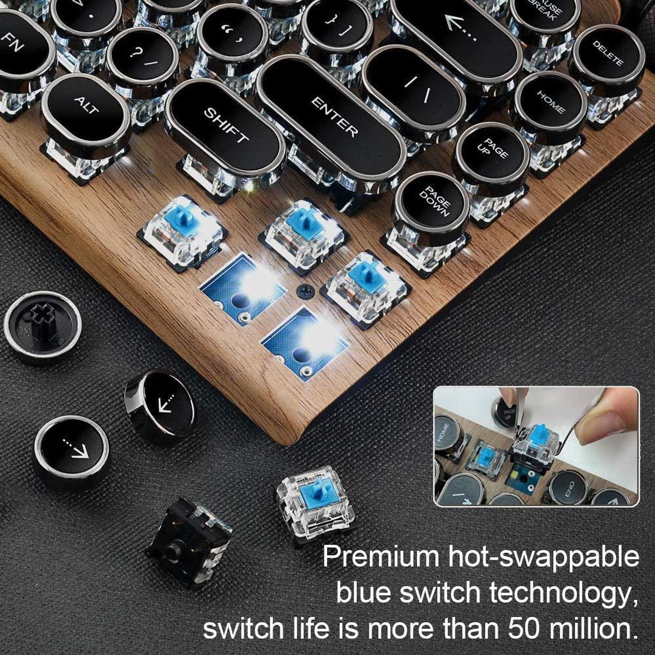 Alt view image 5 of 6 - Retro Typewriter Keyboard, Electric Typewriter Vintage with Upgraded Mechanical Bluetooth 5.0,Multi Devices Connection Classical Wooden,Punk Round Keys for Desktop PC/Laptop Mac/Phone