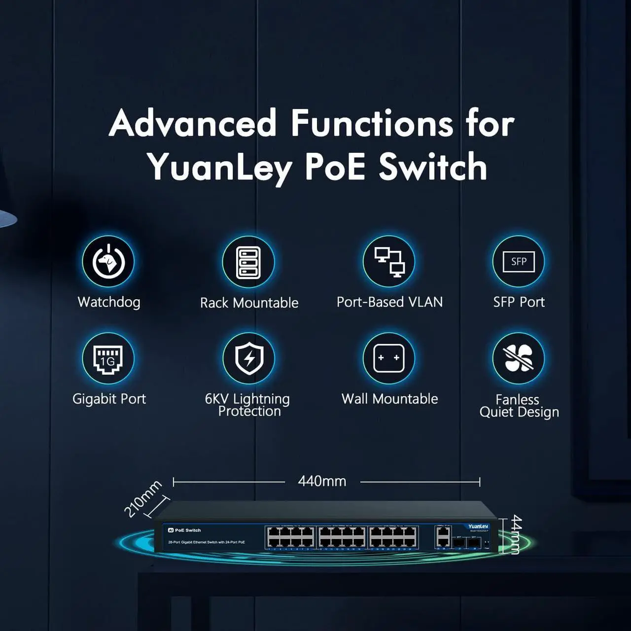 Alt view image 3 of 7 - 24 Port Gigabit Ethernet PoE Switch with 2 Uplink Gigabit Port & 2 SFP Port, YuanLey Unmanaged 24 Port PoE+ Network Switch, Rackmout, Build in 400W Power, Support 802.3af/at, Plug and Play