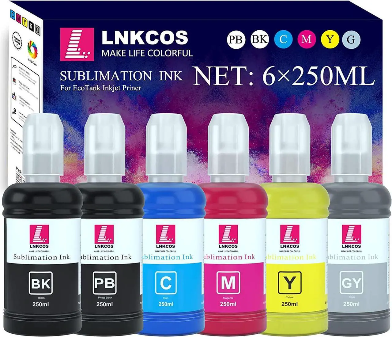 Main image of LNKCOS 6×250ML Sublimation Ink for Epson EcoTank ET-8500 ET-8550 Printers (6 Color, BK PB C M Y K Grey)