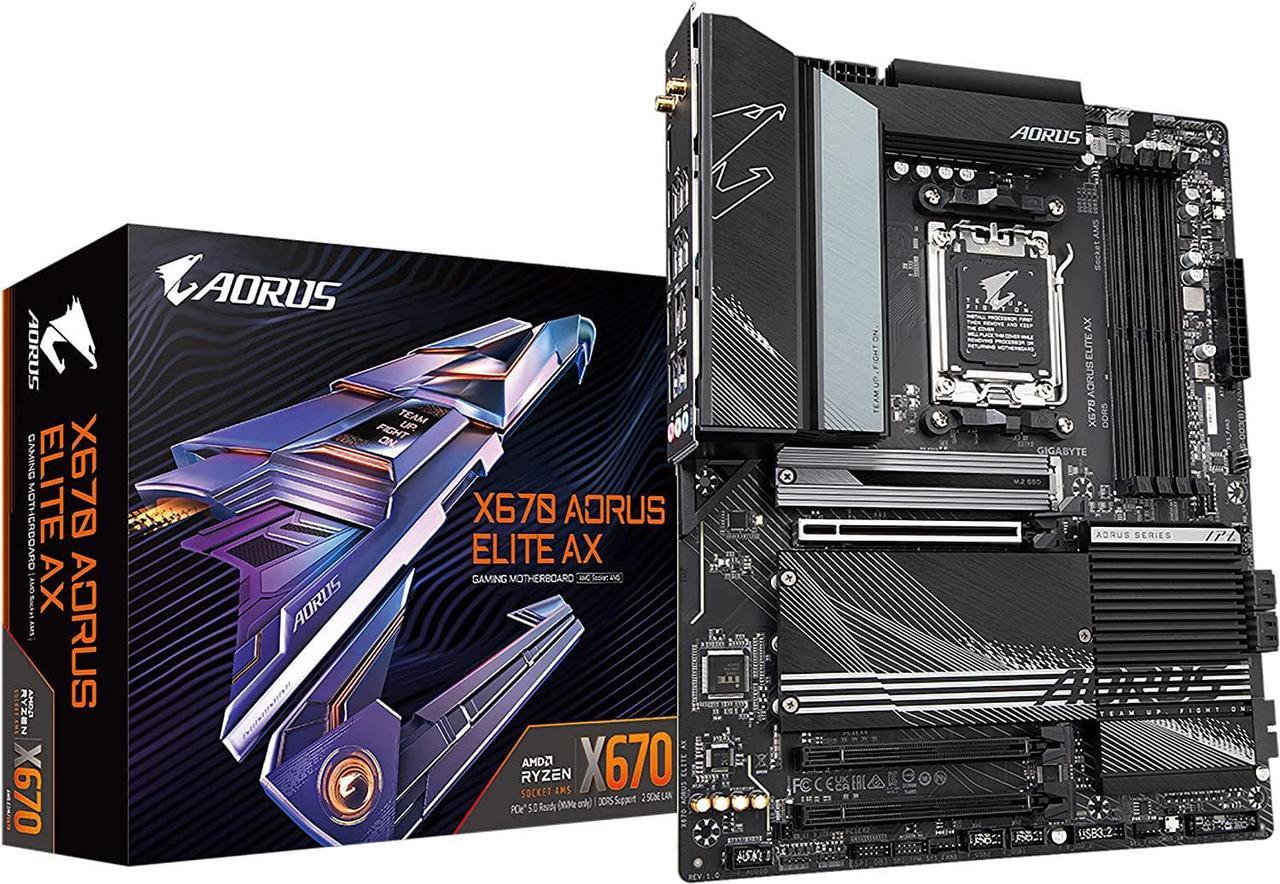 GIGABYTE X670 AORUS Elite AX (AM5/ LGA 1718/ AMD/ X670/ ATX/ DDR5/ Quad M.2/ PCIe 5.0/ USB 3.2 Gen2X2 Type-C/AMD WiFi 6E/ 2.5GbE LAN/Q-Flash Plus/M.2 EZ-Latch/Gaming Motherboard)