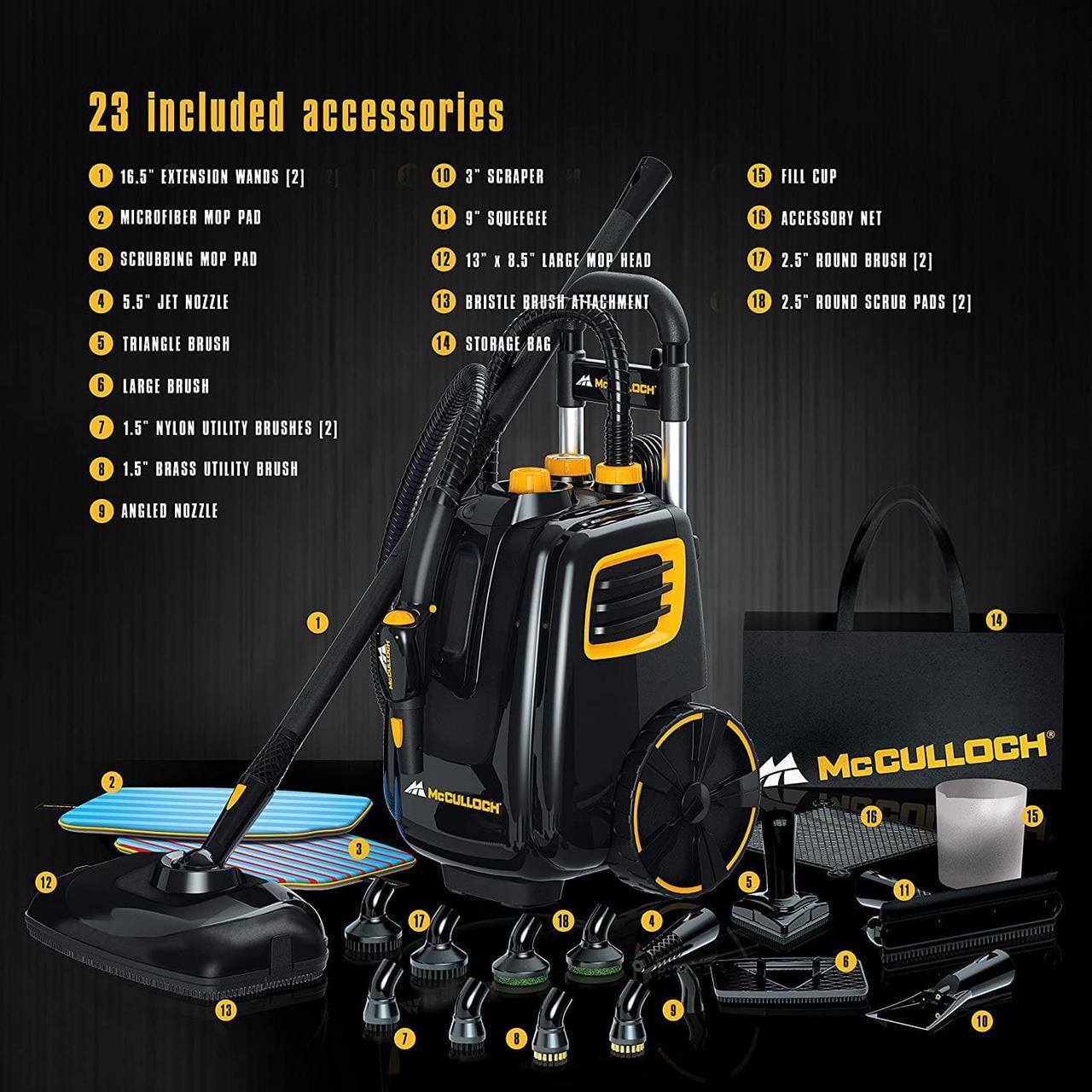 Alt view image 2 of 7 - McCulloch MC1385 Deluxe Canister Steam Cleaner with 23 Accessories, Chemical-Free Pressurized Cleaning for Most Floors, Counters, Appliances, Windows, Autos, and More, 1-(Pack), Black
