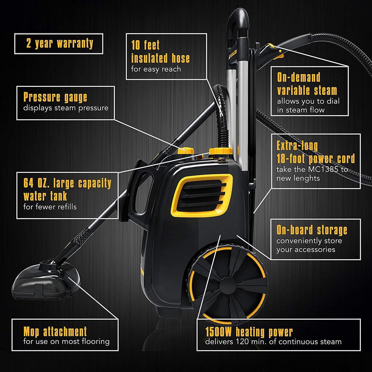 Alt view image 3 of 7 - McCulloch MC1385 Deluxe Canister Steam Cleaner with 23 Accessories, Chemical-Free Pressurized Cleaning for Most Floors, Counters, Appliances, Windows, Autos, and More, 1-(Pack), Black