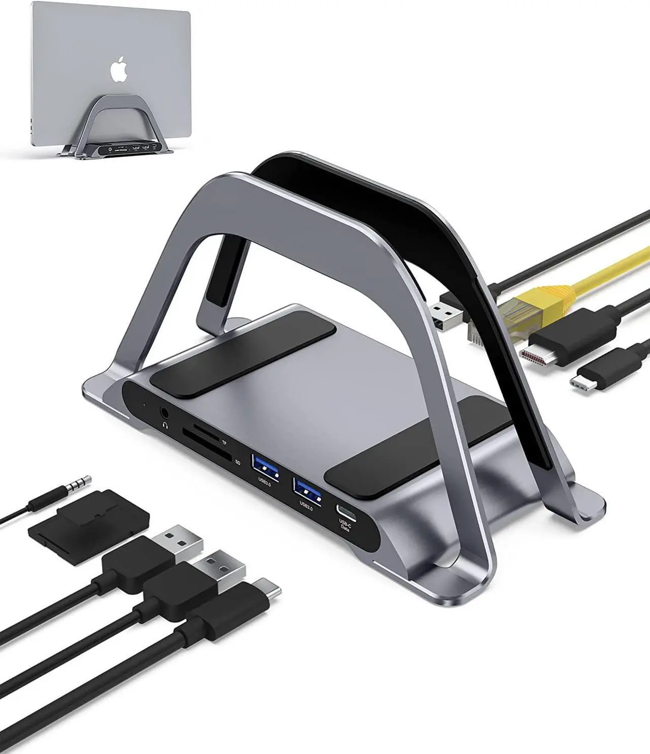 Main image of MacBook Docking Station, USB C Docking Station with Vertical Stand Compatible with MacBook Pro and Air, with 4K HDMI, 3 USB, SD/TF, PD3.0, RJ45 Ethernet, 3.5mm Audio, for HP/Dell/Lenovo laptops