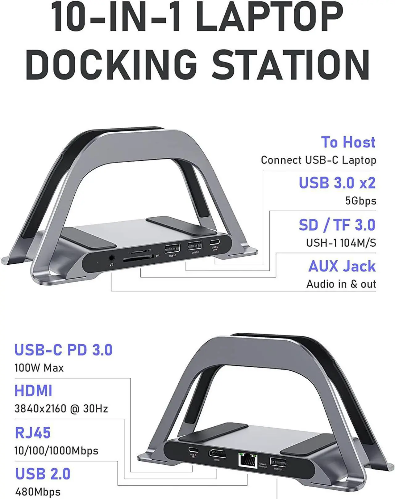 Alt view image 2 of 7 - MacBook Docking Station, USB C Docking Station with Vertical Stand Compatible with MacBook Pro and Air, with 4K HDMI, 3 USB, SD/TF, PD3.0, RJ45 Ethernet, 3.5mm Audio, for HP/Dell/Lenovo laptops