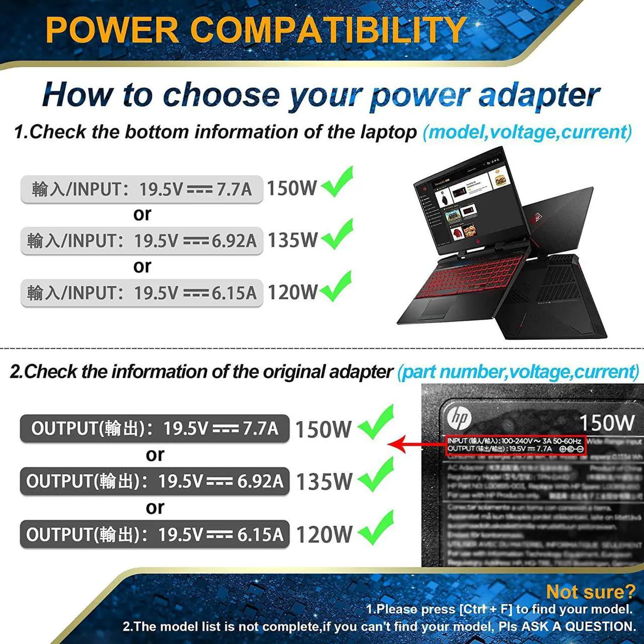 Alt view image 3 of 7 - 150W Laptop Charger for HP OMEN 15 17, hp omen Charger, hp Pavilion Gaming Laptop Charger, 150w hp Charger,Zbook 15 G3 G4 G5 G6 Laptop Charger TPN-CA11 TPN-DA09 L32661-001 Adapter Power Supply Cord