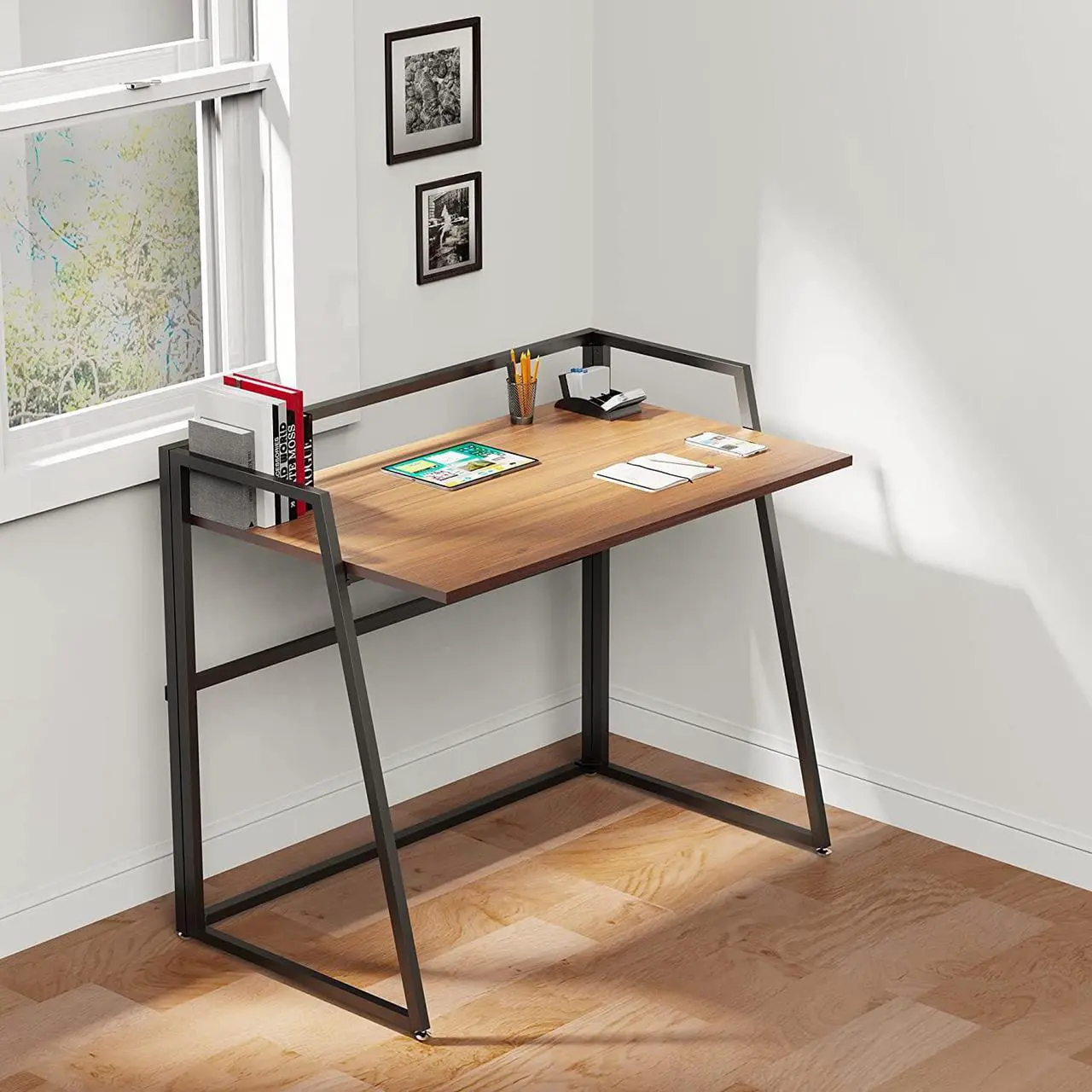 Alt view image 2 of 7 - DESIGNA Small Folding Computer Desk, Small Desks for Small Spaces, 41 inch Small Folding Desk for Student Portable Computer Desk, Folding Office Desk with Protective Railing, Folding Desk