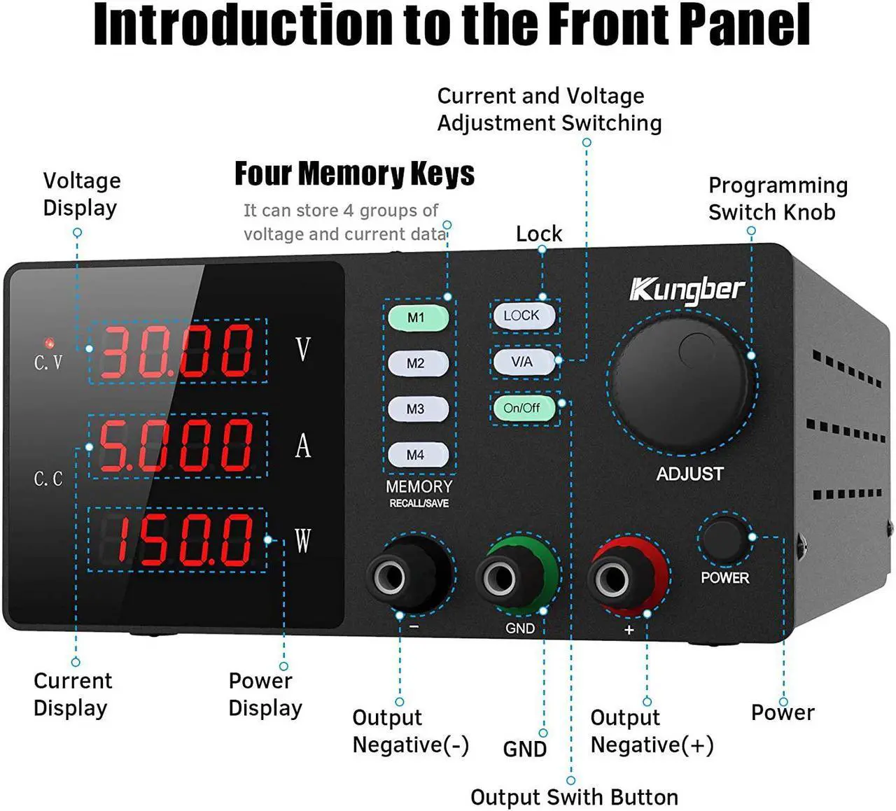 Alt view image 2 of 6 - DC Power Supply Variable with Memory, 30V 5A Adjustable Switching Regulated DC Bench Linear Power Supply with Memory Recall and Output Disable Button 4 Digits Display and Alligator Leads