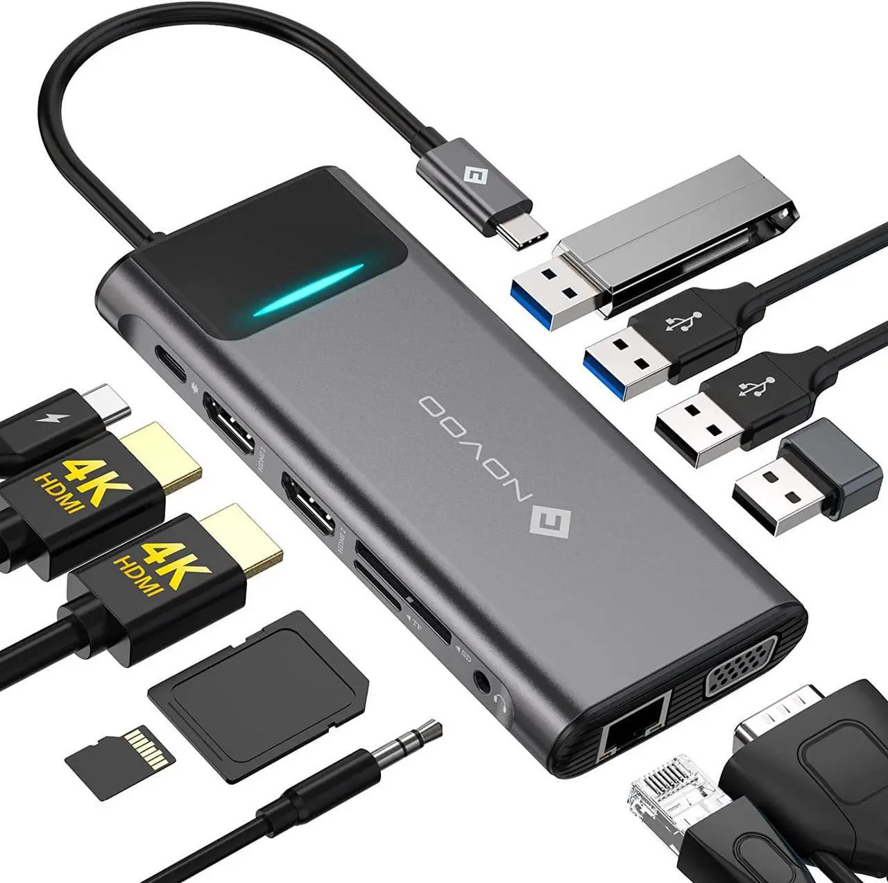 Main image of USB C Docking Station Dual Monitor, NOVOO 12 in 1 MacBook Docking Station Triple Display Dual HDMI VGA Ethernet USB C to 4 USB 100W PD Charging, Laptop Hub for M1/M2 MacBook Pro/Air Dell HP Surface