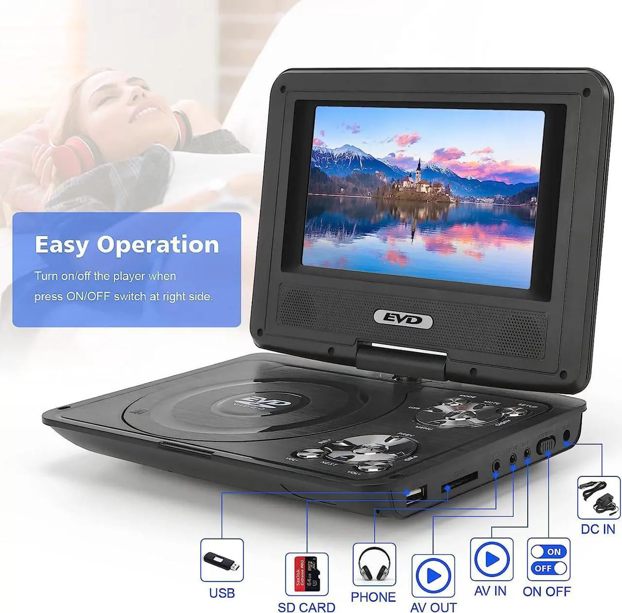 Alt view image 2 of 7 - 9.5" Portable DVD Player with 7.5" Swivel Screen,Car DVD Player Support CD/DVD/SD Card/USB/Headphones, Remote Control, Car Charger, Power Adaptor (Black)
