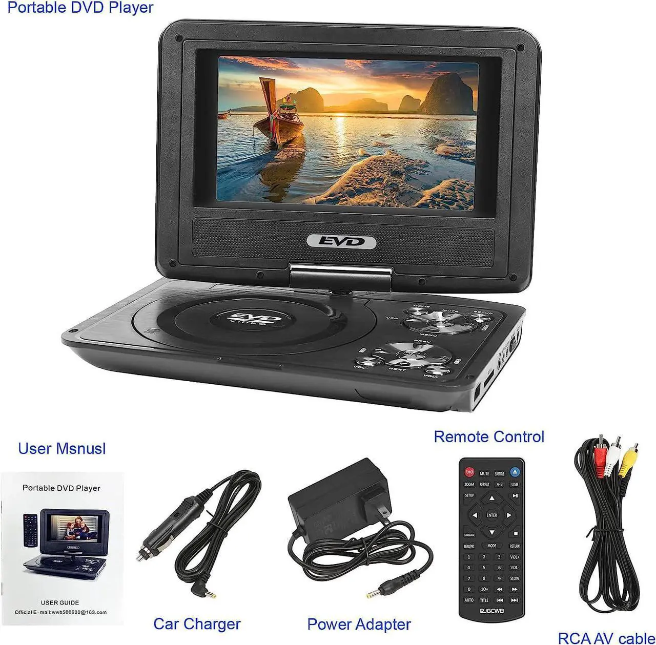 Alt view image 3 of 7 - 9.5" Portable DVD Player with 7.5" Swivel Screen,Car DVD Player Support CD/DVD/SD Card/USB/Headphones, Remote Control, Car Charger, Power Adaptor (Black)