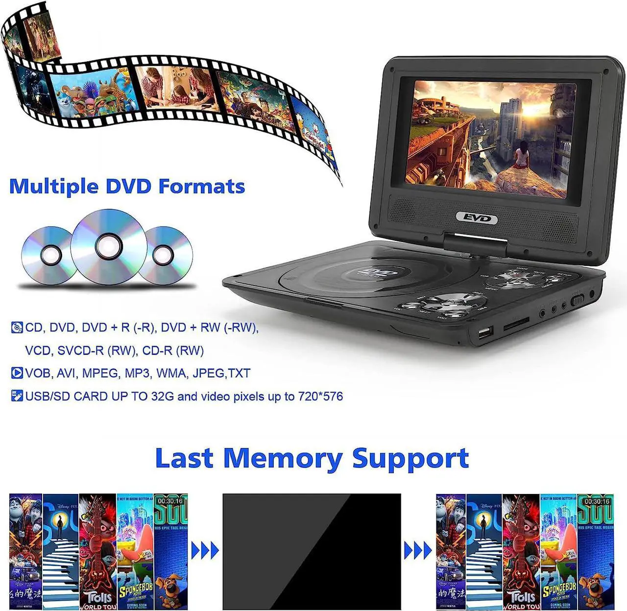 Alt view image 5 of 7 - 9.5" Portable DVD Player with 7.5" Swivel Screen,Car DVD Player Support CD/DVD/SD Card/USB/Headphones, Remote Control, Car Charger, Power Adaptor (Black)