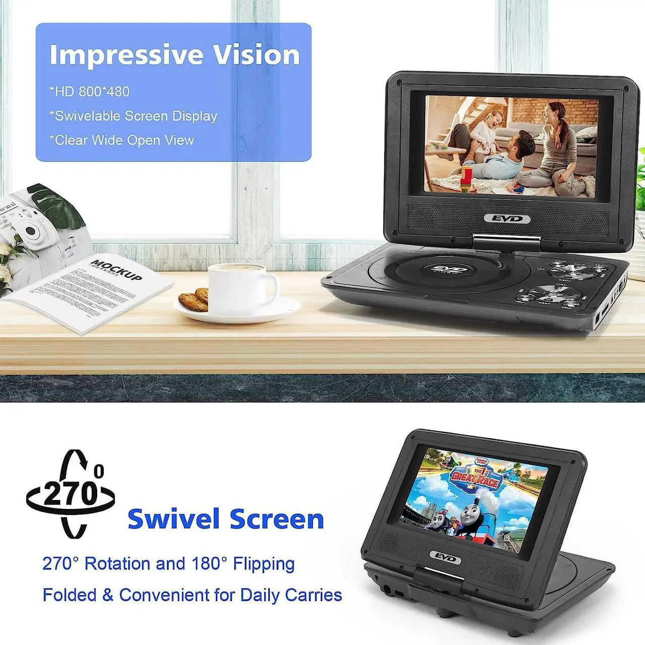 Alt view image 4 of 7 - 9.5" Portable DVD Player with 7.5" Swivel Screen,Car DVD Player Support CD/DVD/SD Card/USB/Headphones, Remote Control, Car Charger, Power Adaptor (Black)