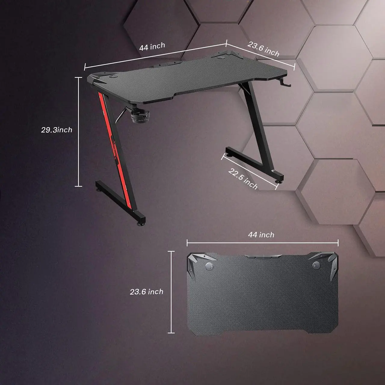 Alt view image 3 of 7 - Gaming Desk 44 Inch Computer Desk Gaming Table Z Shaped Pc Gaming Workstation Home Office Desk with Carbon Fiber Surface Cup Holder and Headphone Hook (44 inch, Black)