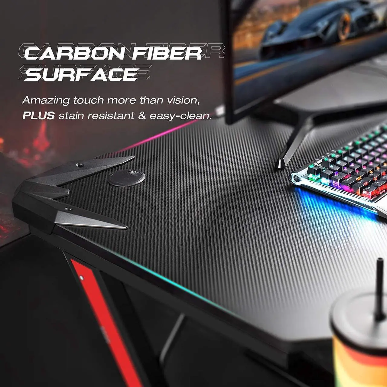 Alt view image 5 of 7 - Gaming Desk 44 Inch Computer Desk Gaming Table Z Shaped Pc Gaming Workstation Home Office Desk with Carbon Fiber Surface Cup Holder and Headphone Hook (44 inch, Black)