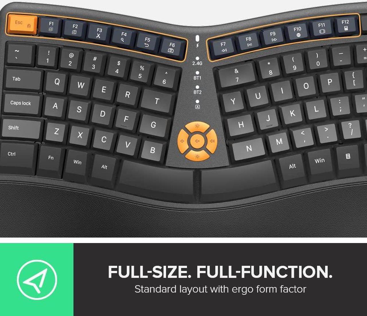 Alt view image 3 of 7 - Wireless Ergonomic Keyboard, Ergo Split Keyboard with Palm Rest for Natural Typing, 2.4G and Bluetooth, Full Size and US Layout, Compatible with Windows and Mac OS (GM905-Graphite)