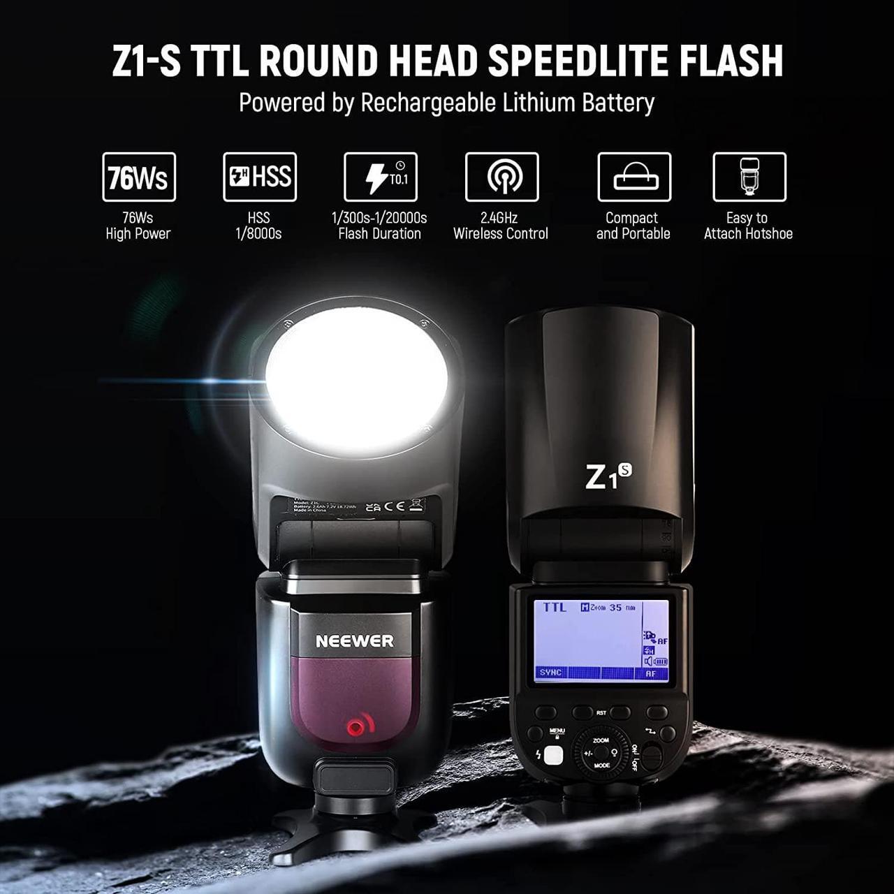 Alt view image 2 of 7 - Z1-S TTL Round Head Flash Speedlite for Sony Cameras, 76Ws 2.4G 1/8000s HSS, 10 Levels LED Modeling Lamp, 2600mAh Lithium Battery, 480 Full Power Shots, Recycle in 1.5s Flash