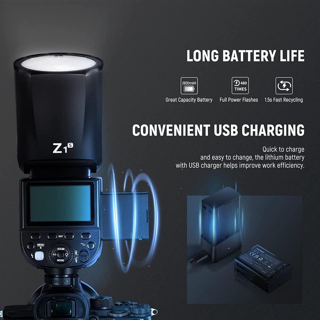 Alt view image 5 of 7 - Z1-S TTL Round Head Flash Speedlite for Sony Cameras, 76Ws 2.4G 1/8000s HSS, 10 Levels LED Modeling Lamp, 2600mAh Lithium Battery, 480 Full Power Shots, Recycle in 1.5s Flash