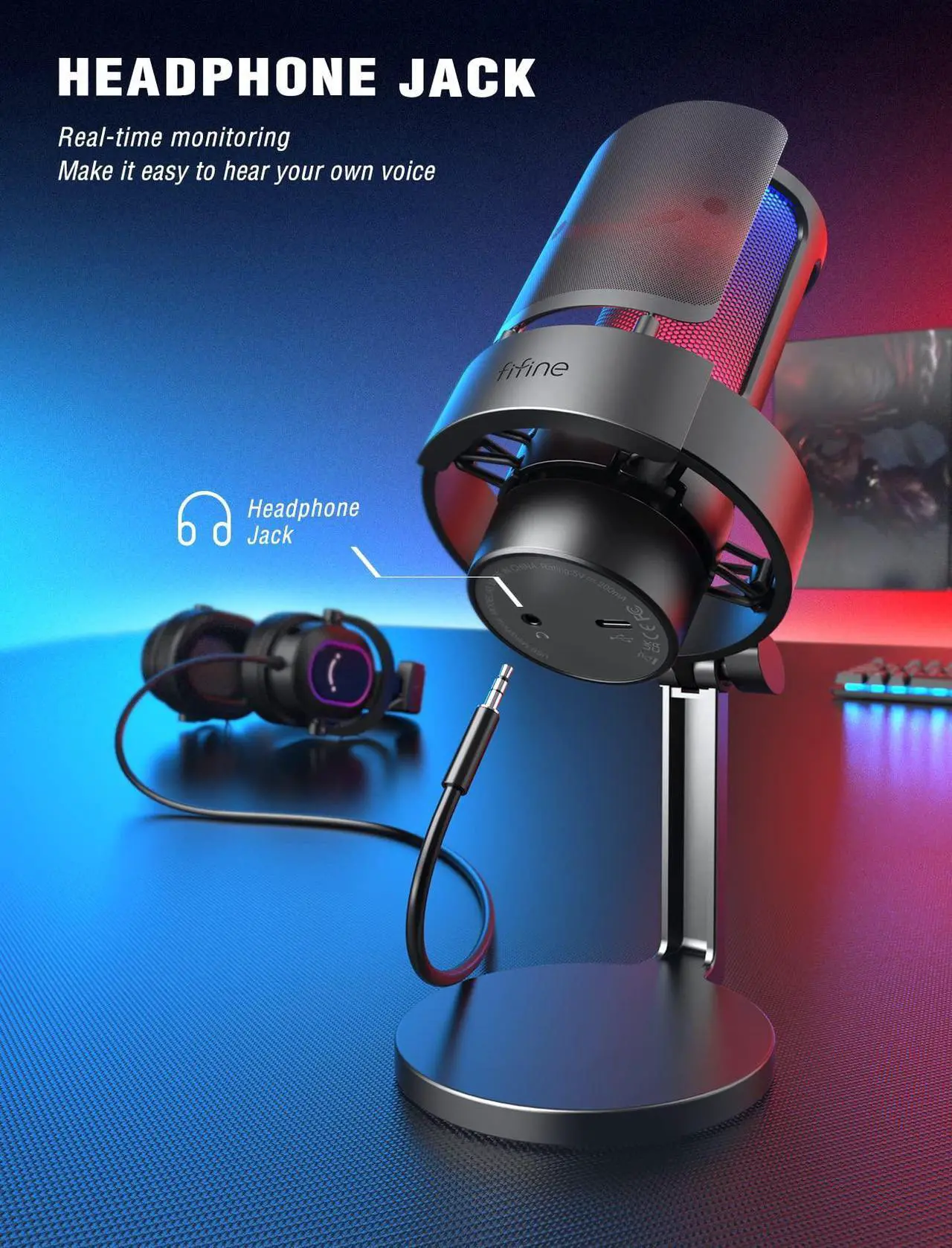 Alt view image 3 of 5 - FIFINE Gaming Microphone, USB PC Mic for Streaming, Podcasts, Recording, Condenser Computer Desktop Mic on Mac, with RGB Control, Mute Touch, Headphone Jack, Pop Filter, Stand-AmpliGame A8