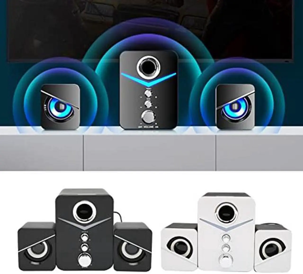 Alt view image 2 of 5 - Bluetooth Computer Speakers,Compact Computer Speaker with Subwoofer,Desktop Multimedia Speaker Deep Bass 2.1 Channel,with Blue Ambient Light,for Wedding Party(White)