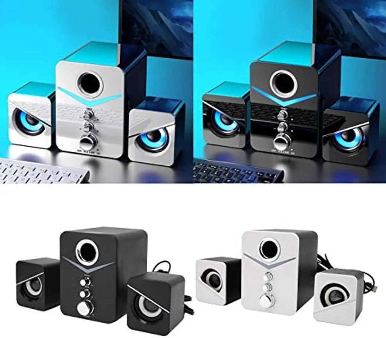 Alt view image 4 of 5 - Bluetooth Computer Speakers,Compact Computer Speaker with Subwoofer,Desktop Multimedia Speaker Deep Bass 2.1 Channel,with Blue Ambient Light,for Wedding Party(White)