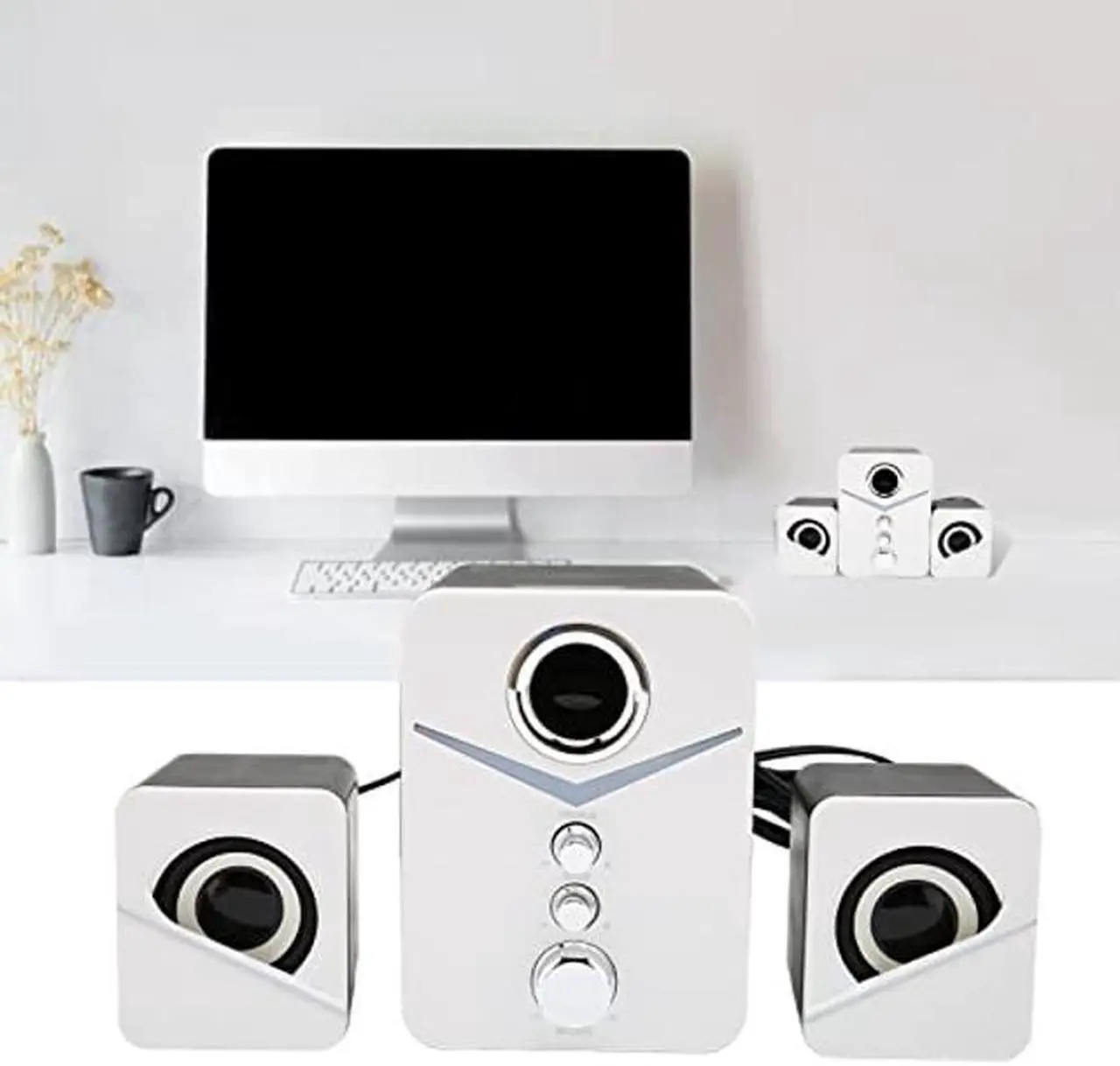 Alt view image 5 of 5 - Bluetooth Computer Speakers,Compact Computer Speaker with Subwoofer,Desktop Multimedia Speaker Deep Bass 2.1 Channel,with Blue Ambient Light,for Wedding Party(White)