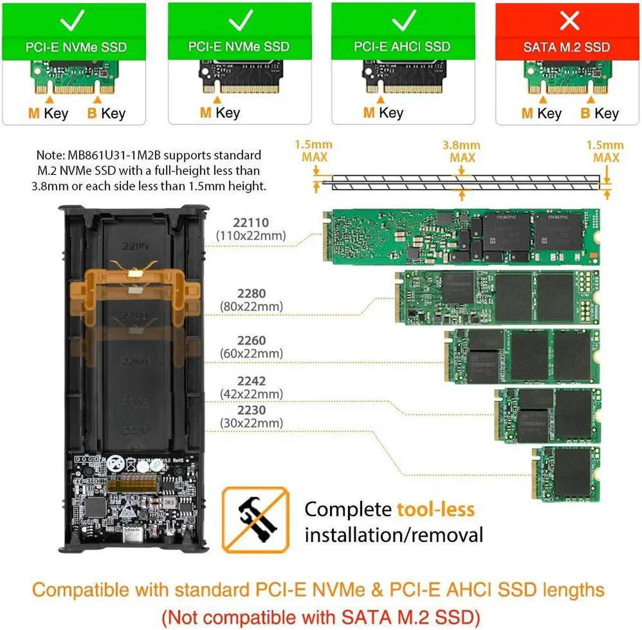 Alt view image 2 of 5 - ICY DOCK M.2 NVMe to USB 3.2 Gen 2 (10Gbps) Enclosure Adapter Thunderbolt 3 / 4 Port Compatible Includes USB-C and USB 3.0 Cables (Supports M.2 NVMe SSDs 22110 2280 2260 2242) | ICYNano MB861U31-1M2B