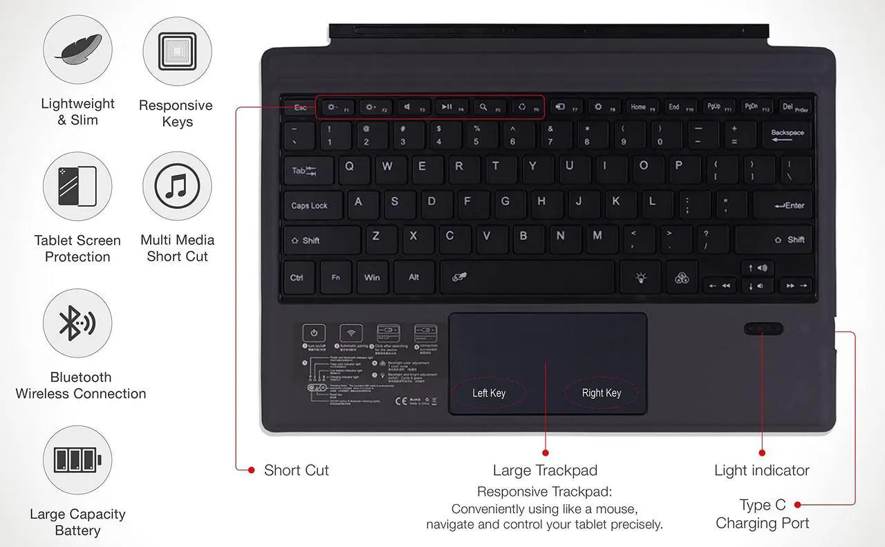 Alt view image 2 of 5 - Keyboard Replacement Type Cover Trackpad Mouse for Microsoft Surface Pro 7+ 7 Pro 6 Pro 5 Pro 4 Pro 3 Ergonomic Portable Slim Wireless Bluetooth Rechargeable