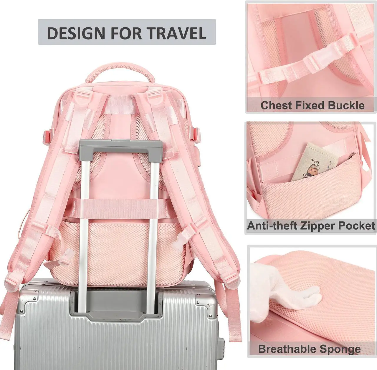 Alt view image 5 of 5 - Travel Backpack for Women Men 15.6 Inch Laptop Backpacks with USB Port Carry on Bag Airline Approved Large College School Bookbags Waterproof Work Business Sport Rucksack Casual Daypack (Pink)