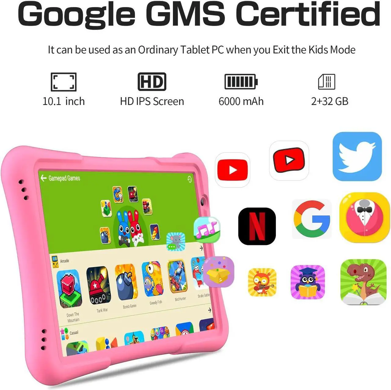 Alt view image 3 of 5 - PRITOM 10 inch Kids Tablet Android 12 Tabletas 32GB, Quad-Core, 6000mAh, Large HD IPS Display, WiFi 6, Dual Camera, Bluetooth, Toddler Tablet for Kids Age 3+, Pink