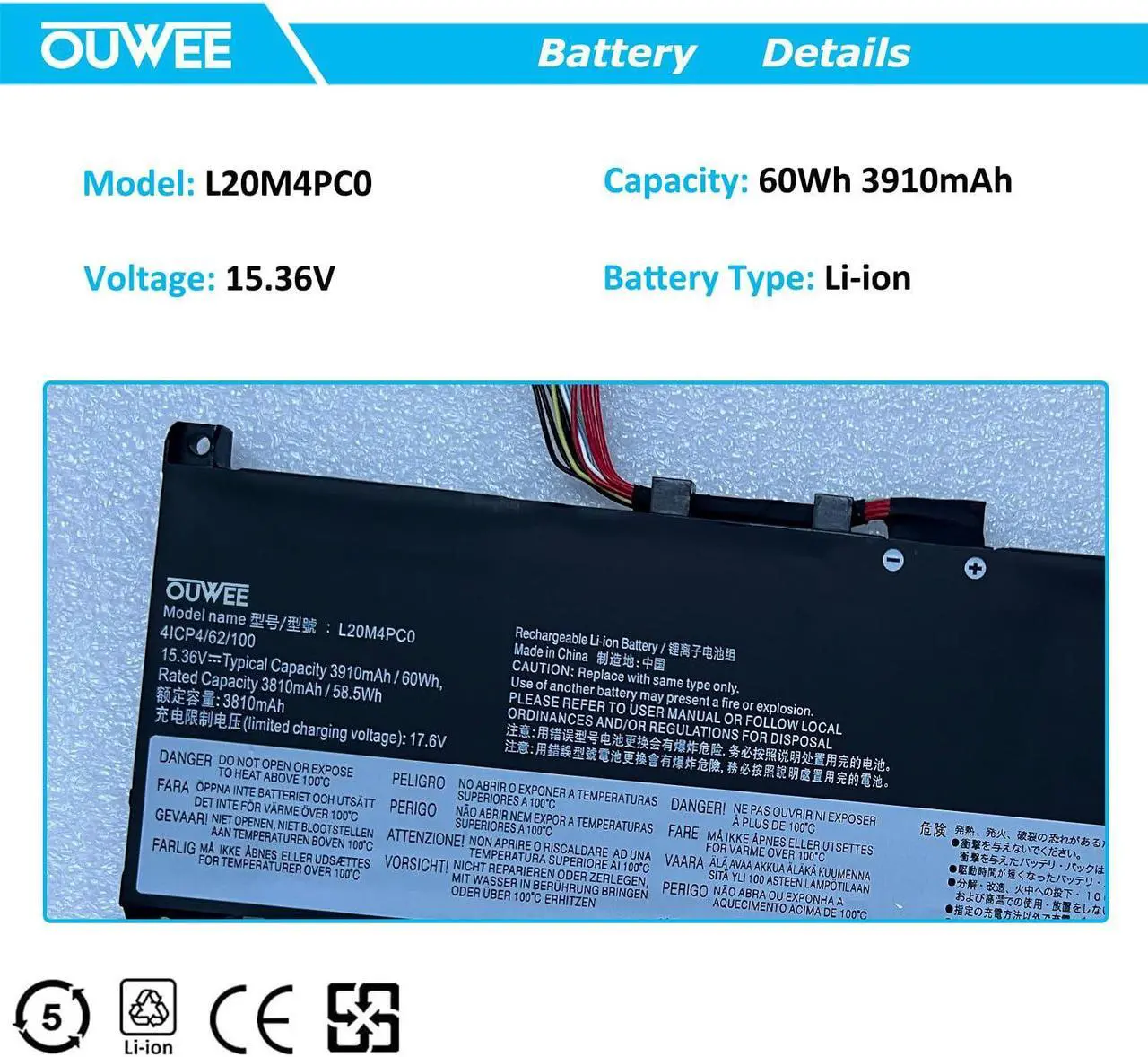 Alt view image 2 of 5 - OUWEE L20M4PC0 Laptop Battery Compatible with Lenovo Ideapad Gaming 3-15ACH6 Legion 5-15ITH6 15ITH6H 15ACH6 15ACH6A 15ACH6H Series 5B11B48816 L20D4PC0 5B11B48819 L20C4PC0 5B11B48827 L20L4PC0 60Wh