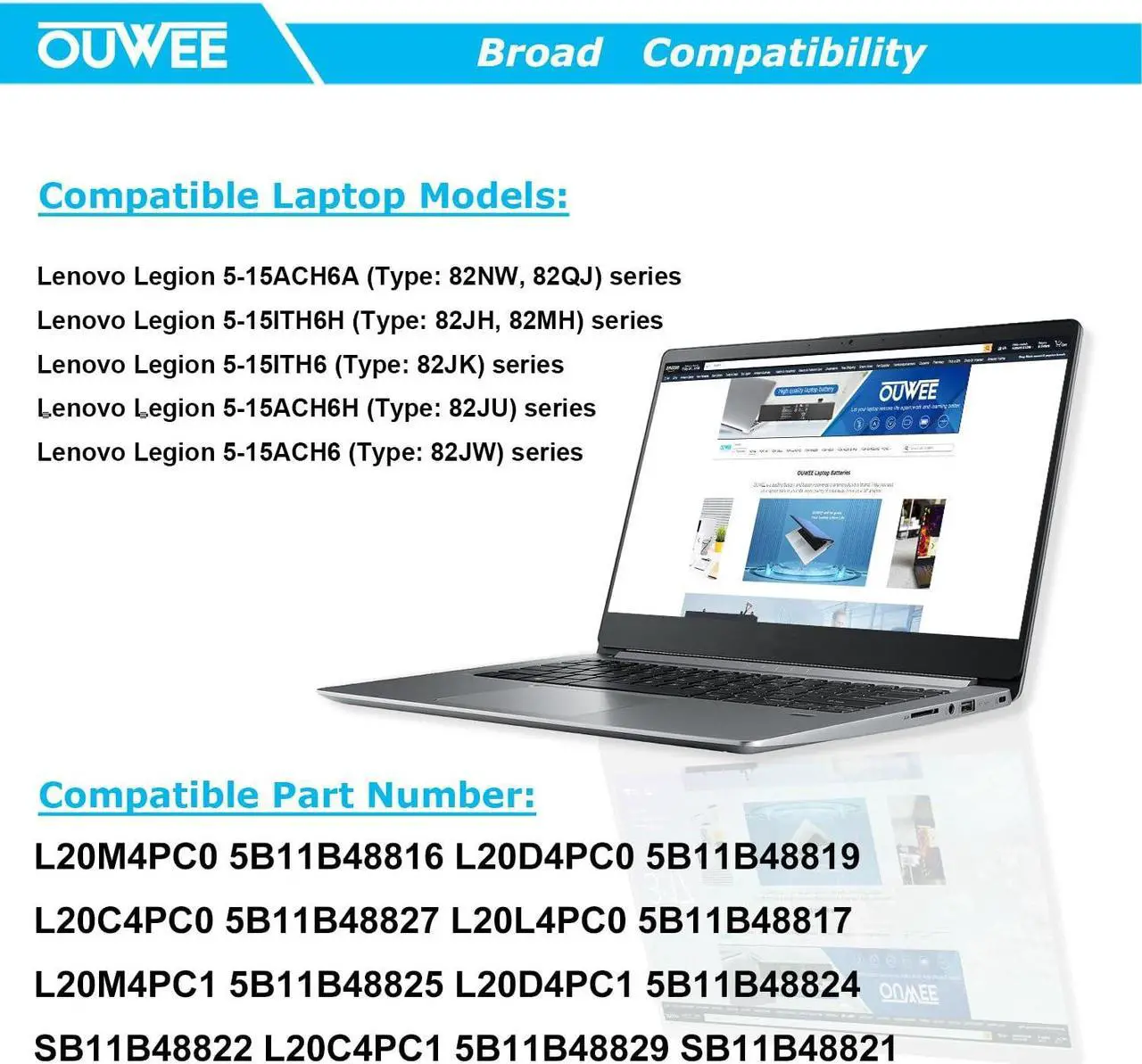 Alt view image 5 of 5 - OUWEE L20M4PC0 Laptop Battery Compatible with Lenovo Ideapad Gaming 3-15ACH6 Legion 5-15ITH6 15ITH6H 15ACH6 15ACH6A 15ACH6H Series 5B11B48816 L20D4PC0 5B11B48819 L20C4PC0 5B11B48827 L20L4PC0 60Wh