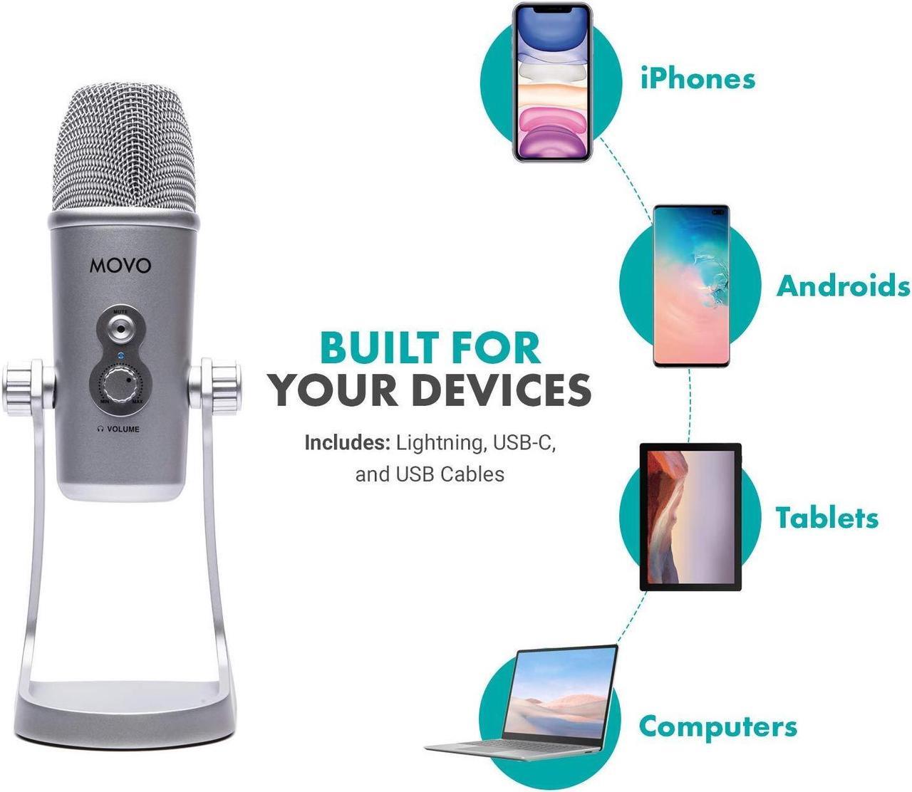 Alt view image 3 of 5 - Movo UM800 Desktop USB Microphone for iPhone, Android, Computer with Adjustable Pickup Patterns and USB, USB Type-C and Lightning Cables - Podcast Microphone, Streaming Microphone, Gaming Microphone