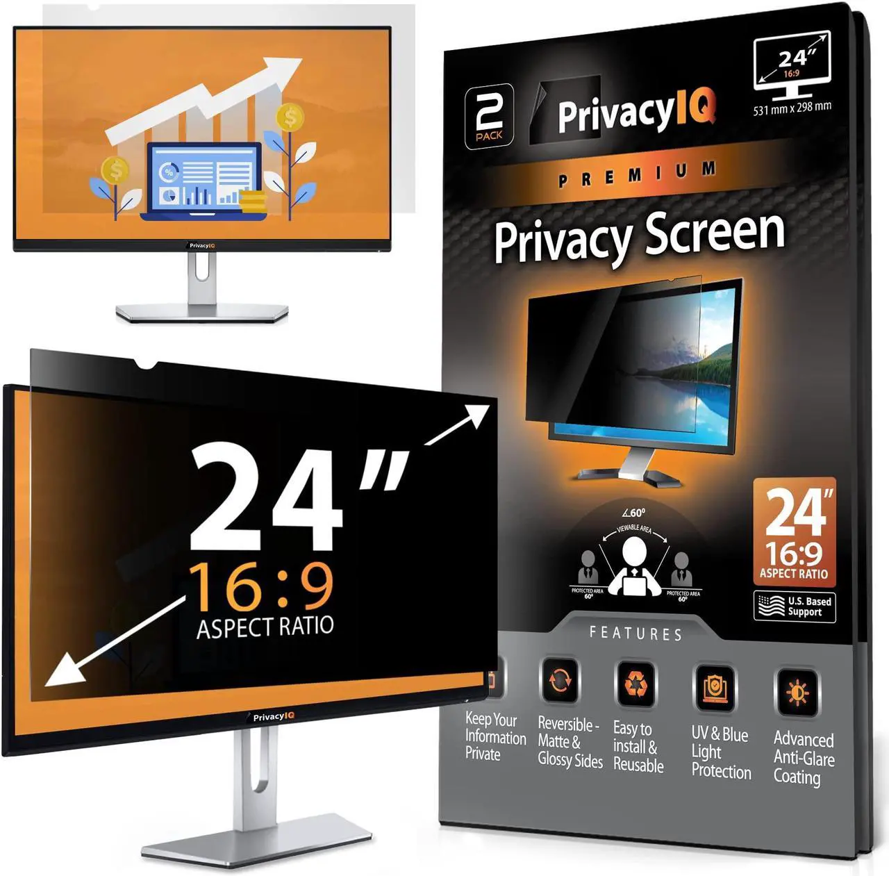 Main image of Privacy IQ 24" Inch 16:9 (2 Pack) Monitor Privacy Screen-Filter for 60 Degree Privacy, Advanced Anti-Glare, UV Light Reduction & Blue Light Filter