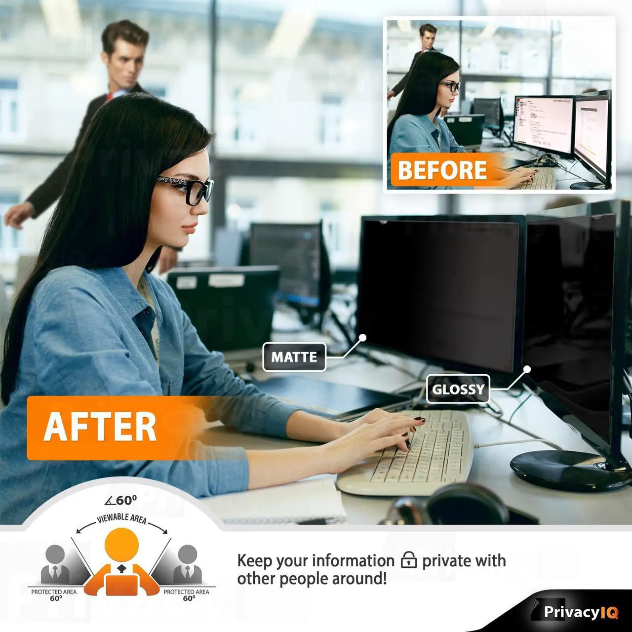 Alt view image 3 of 5 - Privacy IQ 24" Inch 16:9 (2 Pack) Monitor Privacy Screen-Filter for 60 Degree Privacy, Advanced Anti-Glare, UV Light Reduction & Blue Light Filter